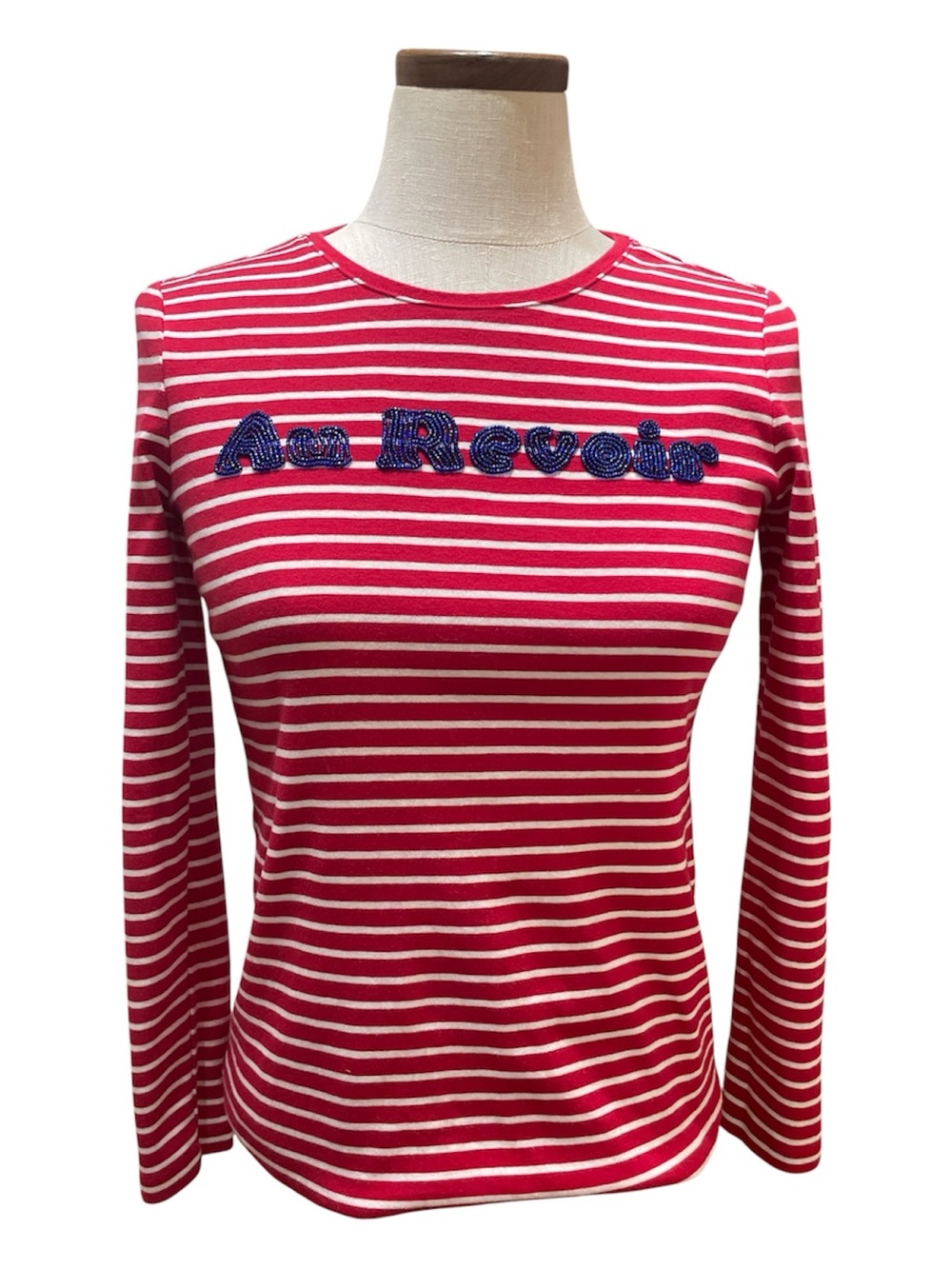 •Red & White Striped Long Sleeve Top with Blue Embroidered Script